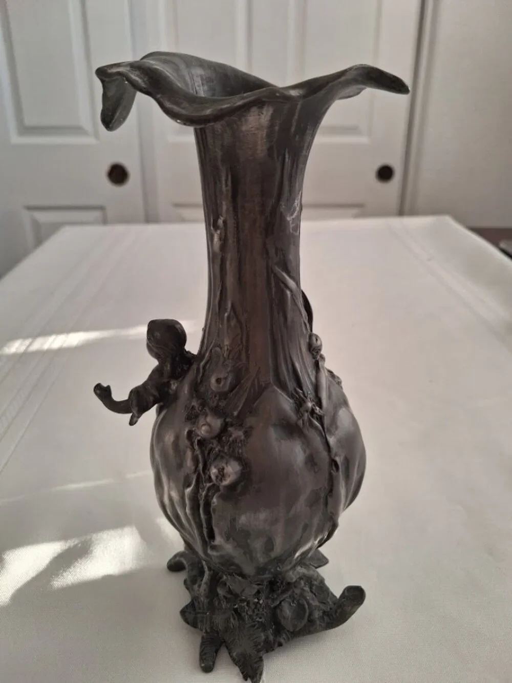 Art Nouveau Style Pewter Vase with Cherub and Floral Motif